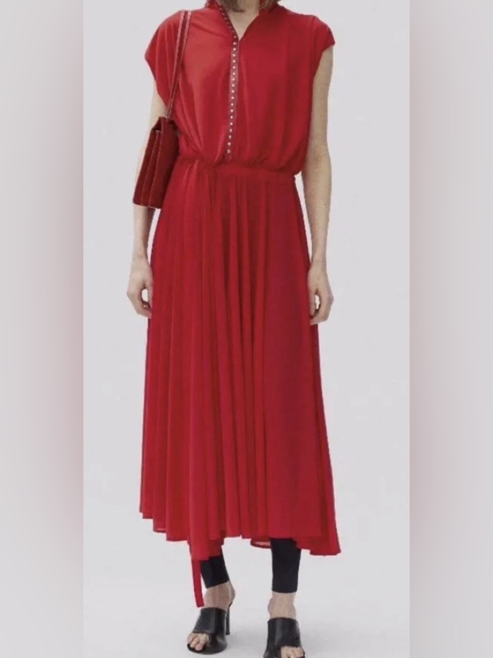 Celine Sz 42 US 10 Red Pleated Midi Dress Sleeveless Crepe Viscose Studded Neck